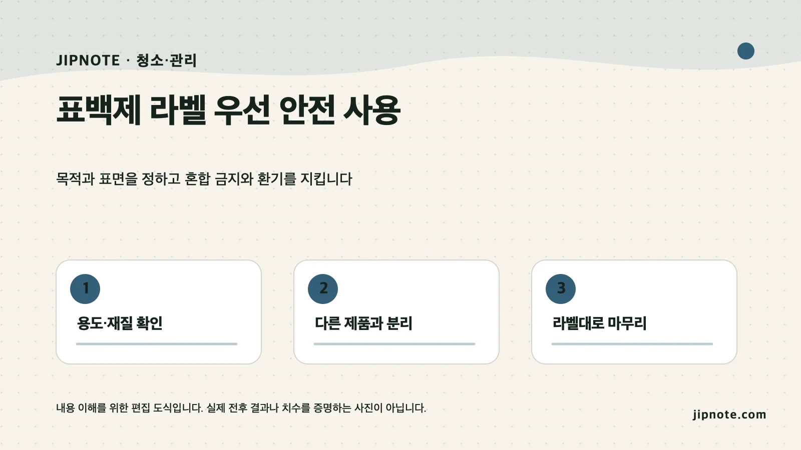 표백제 라벨 우선 안전 사용의 세 단계 판단 기준을 정리한 편집 도식